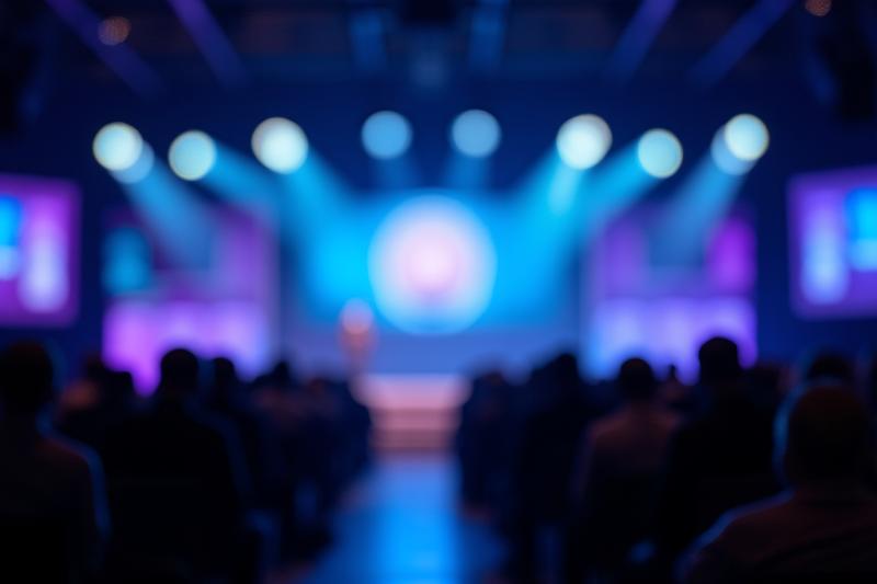 Acara pelancaran korporat dengan pencahayaan dramatik